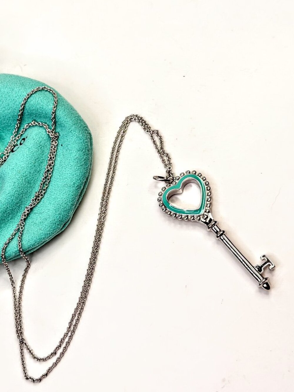 Tiffany & Co. Sterling Silver Blue Enamel Key Pendant Necklace 25" 2"x3/4"JR1599